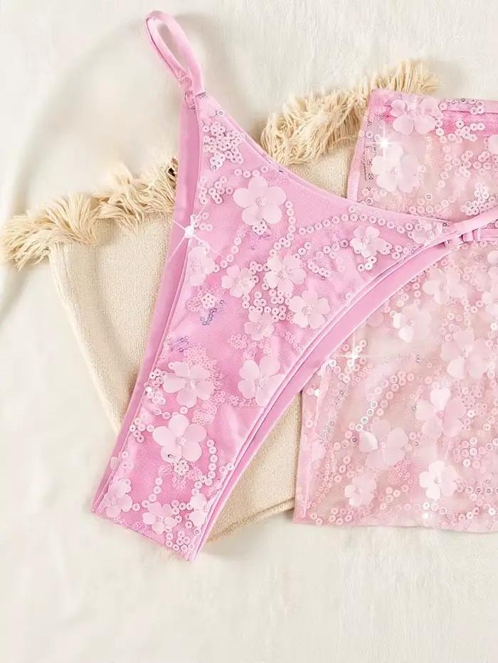 Ensemble bikini 3 pièces en maille rose à paillettes brillantes pour femme