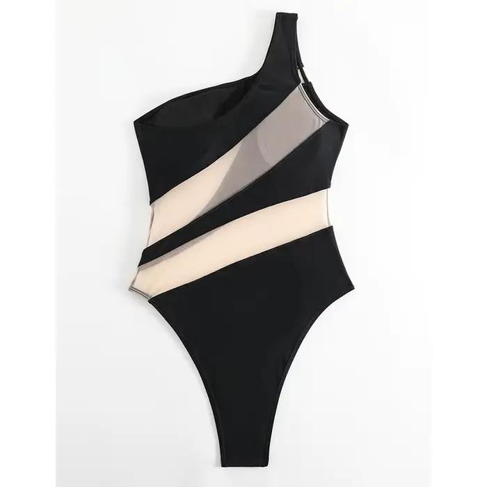 Maillot de bain une épaule patchwork femme sexy voir à travers occassions plage vacances泳形