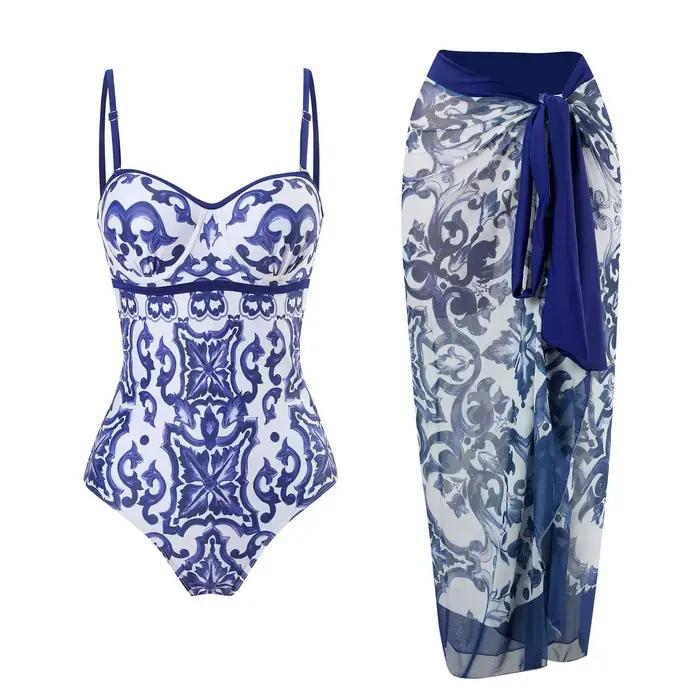 Maillot de bain une pièce femme push-up imprimé floral tricoté avec robe de plage XL pour nager et soirées plages