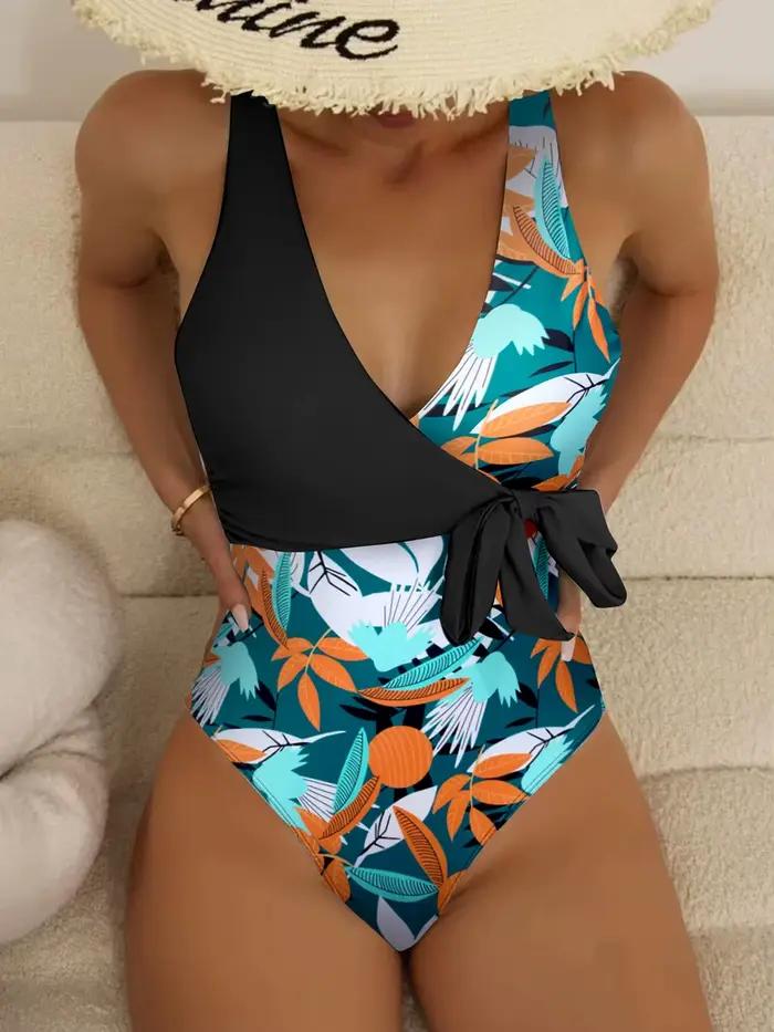 Maillot de bain une pièce imprimé tropical 2026 avec nœud latéral et ceinture