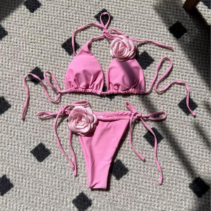 Bikini Solide Rose Imprimé Cordon de Serrage à Nouer Deux Pièces Pour Femmes Mode Plage Vacances Fêtes Piscine Spas Sources Chaudes Sports Nautiques Quotidien Croisière