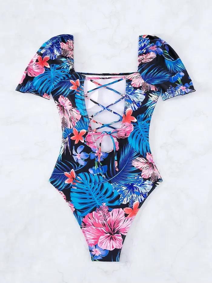 Maillot de bain une pièce imprimé à manches courtes
