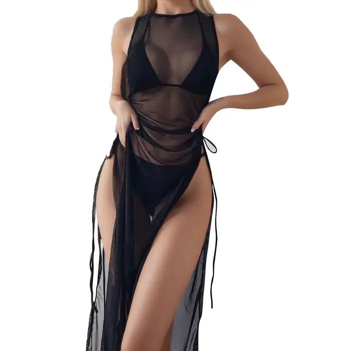 Kimono longueur maxi pour femme, cache-maillot de bain en maille drapé à nouer sur le devant, maillot de bain femme