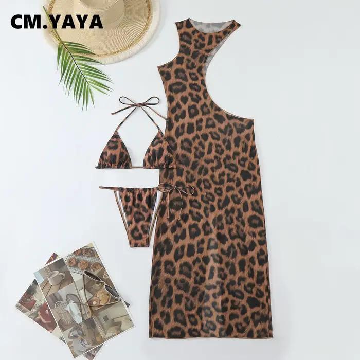 CM.YAYA Women Beach Bikini Set with Cutout Leopard Printed Sexy Long Bodycon Swimsuit Three 2 Piece Set Swimwear Bathing Suit