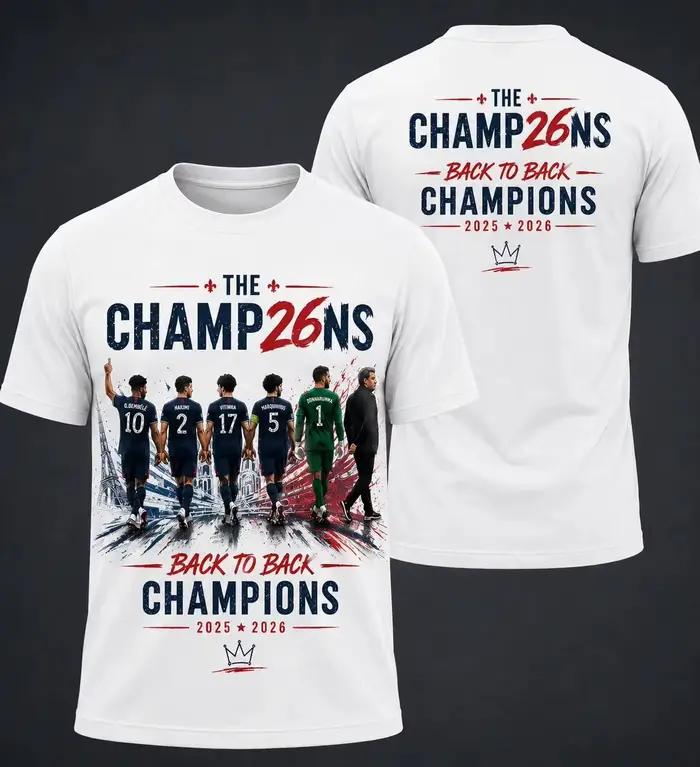 T-shirt PSG 2026 « Back To Back Champions » pour Hommes et Femmes – Coton d'été Y2K – Mode Streetwear à Col Rond et Manches Courtes