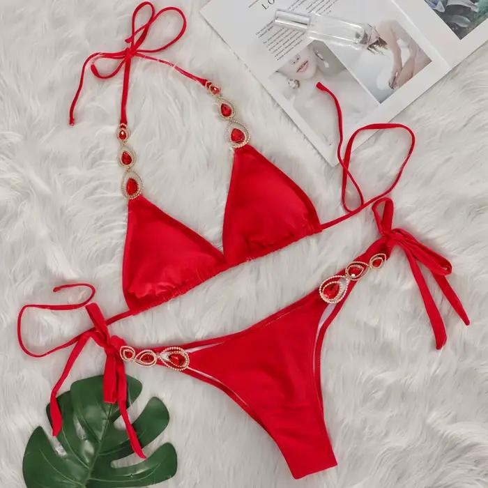 DEKA Ensemble de bikini sexy à chaînes métalliques et diamants, maillot de bain brillant en strass pour femme