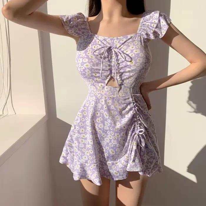 Maillot de bain une pièce vintage bleu à imprimé floral coréen pour femme 2026