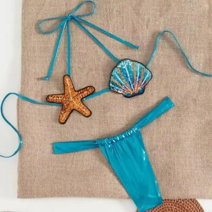 Femmes maillot bain ensemble deux pièces maillots bain fendus étoiles mer maillots bain taille basse maillot