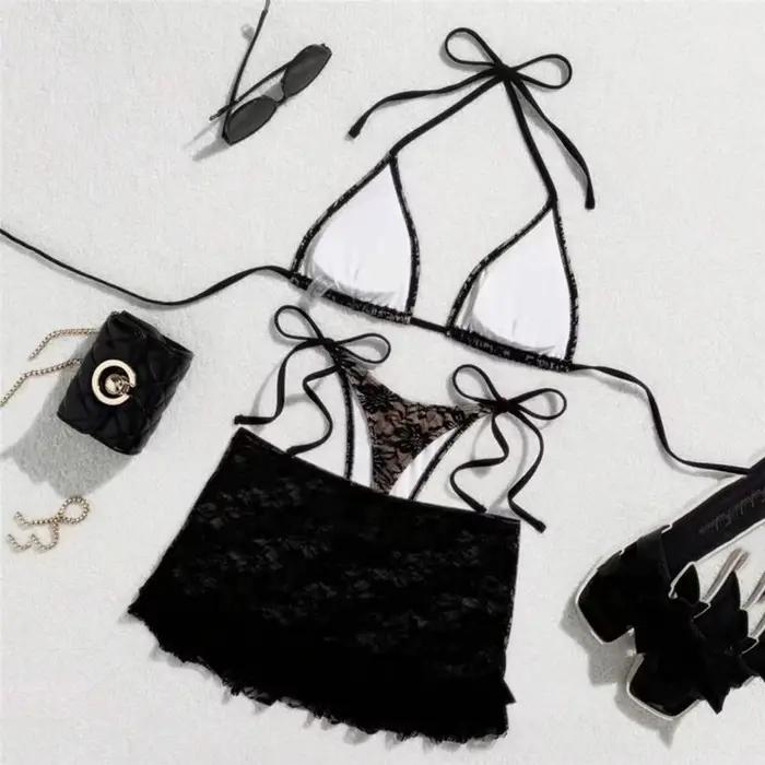 Triangle String licou Bikinis ensembles 3 pièces noir dentelle maille maillots de bain