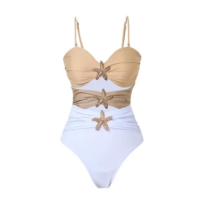 Vintage blanc kaki maillots de bain mosaïque femmes 2026 étoile de mer ornement creux plissé une pièce maillot