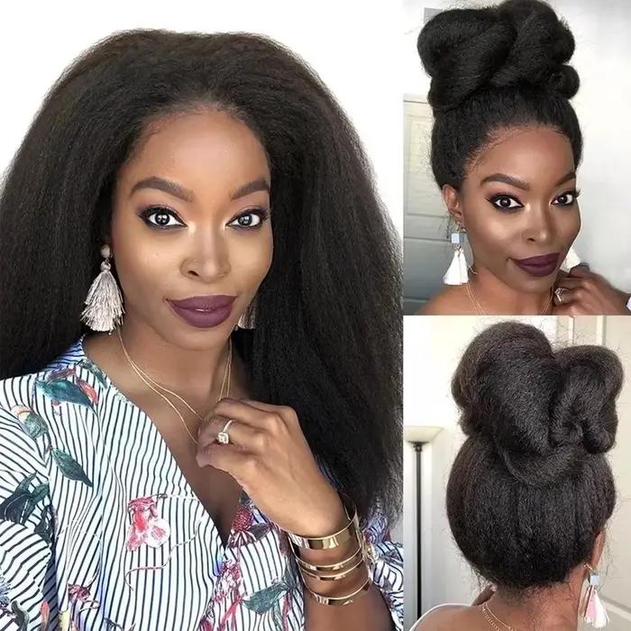 Perruques Lace Front Yaki Lisses Kinky 13x6 HD pour Femmes, Densité 200%, Noir Naturel, Perruques Synthétiques Lace Front Yaki pour Femmes