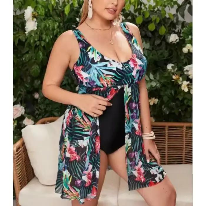 Ensemble Tankini 2 Pièces Grande Taille Femme 2026 en Maille Imprimée et Patchwork