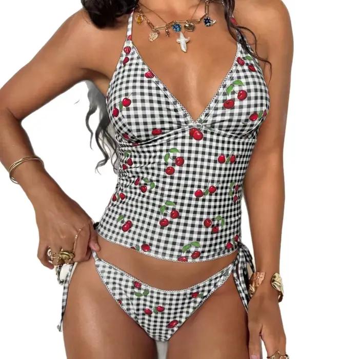 Maillot de bain deux pièces Fresh Cherry, design amincissant triangulaire pour filles et femmes, tissu en nylon avec doublure en polyester, adapté pour...