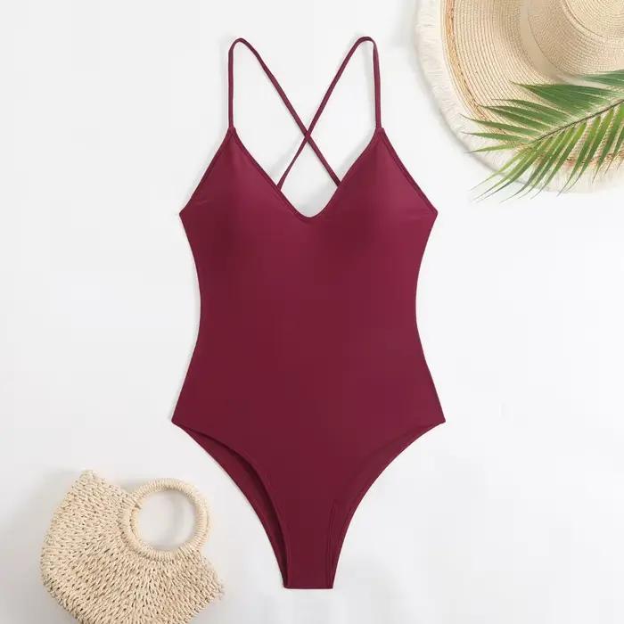 Maillot de bain une pièce, sexy, couleur unie, bretelles réglables, dos nu, pour femmes, tenue de plage