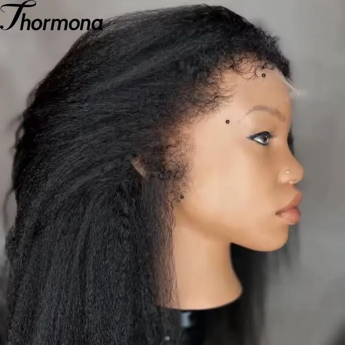Perruques Lace Front Yaki Lisses Kinky 13x6 HD pour Femmes, Densité 200%, Noir Naturel, Perruques Synthétiques Lace Front Yaki pour Femmes
