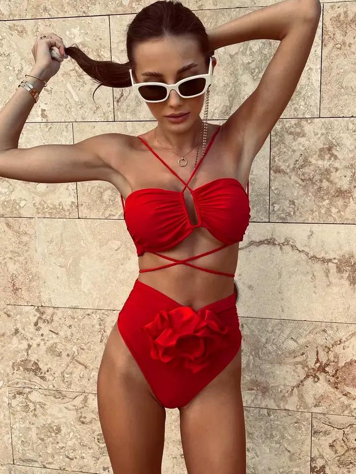 DEKA brésilien cou Bikini ensemble taille haute maillot de bain fleuri femmes Floral Push Up