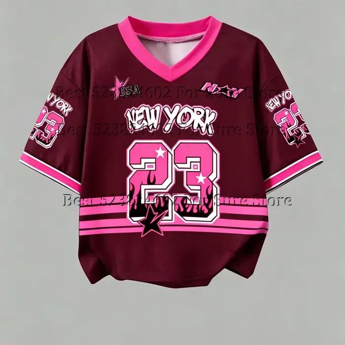 T-shirt court vintage rose et noir contrastant pour femme, motif New York 23, col en V, style Y2K Hip Hop Street, décontracté, été