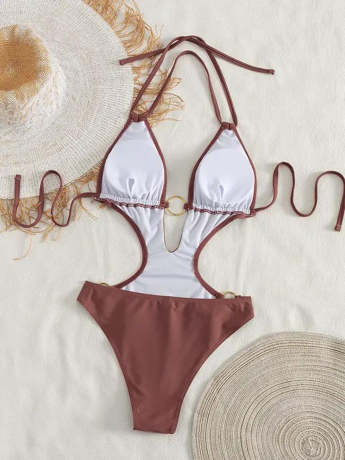 Maillot de bain une pièce halter marron chocolat pour femme