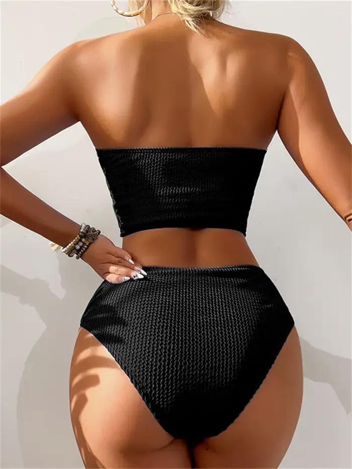 Bikini bandeau sexy 2026 pour femme, noir côtelé, push-up, taille haute, maillot de bain d'été pour la plage et les vacances