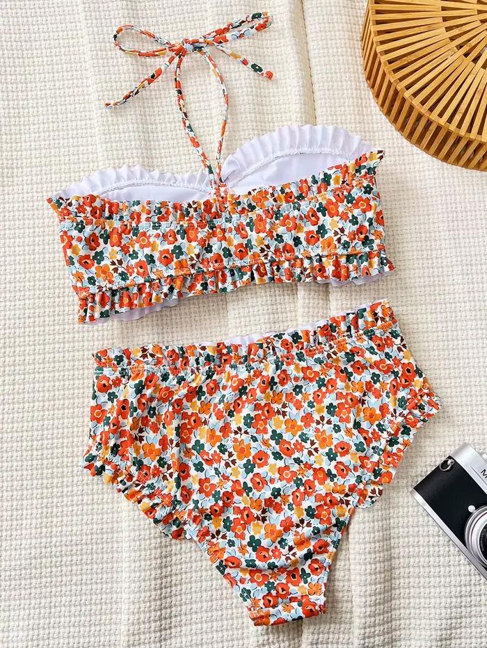 Imprimé fleuri Bandeau deux pièces Bikini ensemble épaules nues femme maillot de bain taille haute plissé pansement