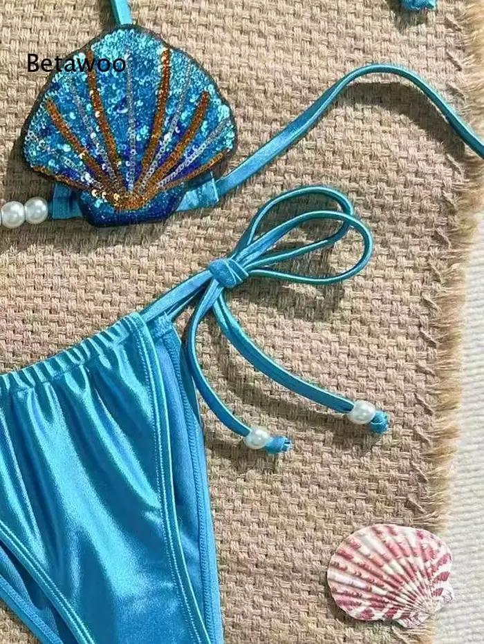 Ensemble de bikini halter brodé de coquillages pour femme Betawoo