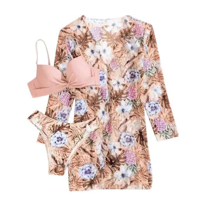 Maillot de bain 3 pièces à imprimé floral pour femmes, style jeune, taille basse, coton-polyester, idéal pour la plage, piscine et yoga
