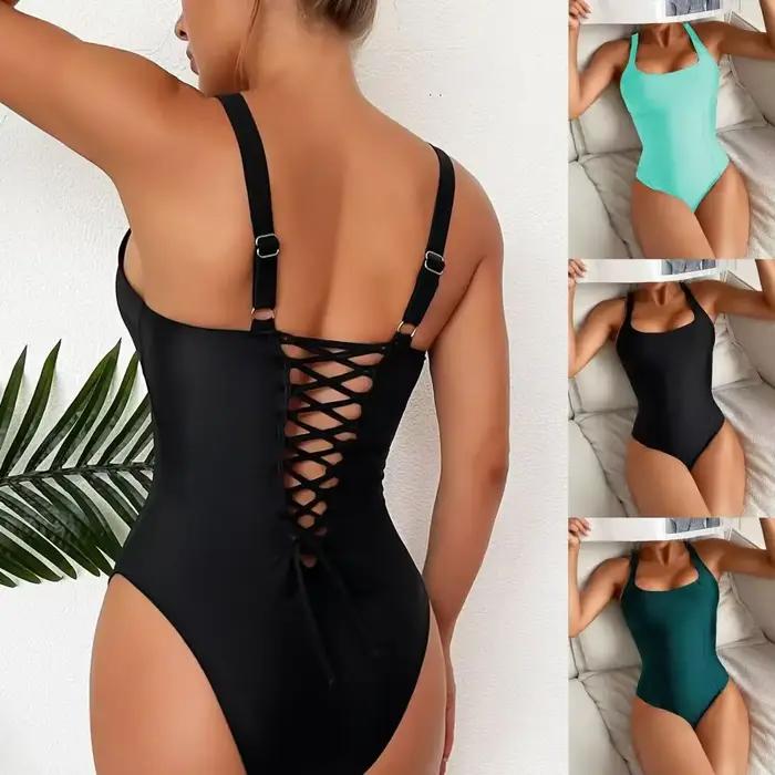 Maillot de bain une pièce conservateur, couleur unie, design évidé, amincissant, dos élégant, style sportif