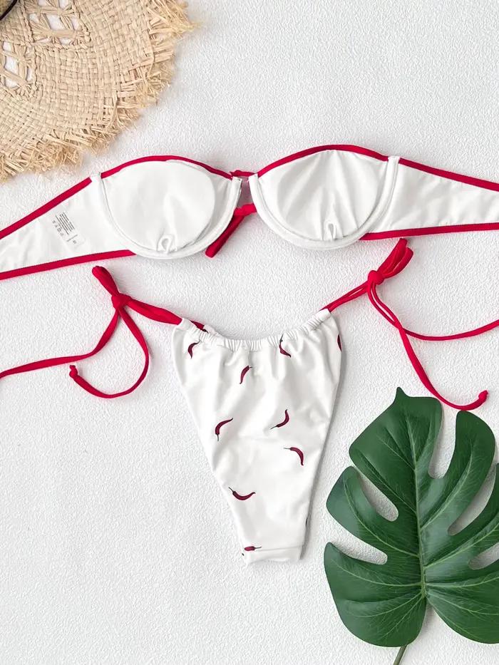 Nouveau Bikini Glamour Blanc et Rouge 2026 avec Nœud Unique