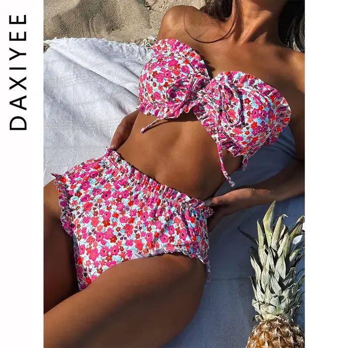 Imprimé fleuri Bandeau deux pièces Bikini ensemble épaules nues femme maillot de bain taille haute plissé pansement