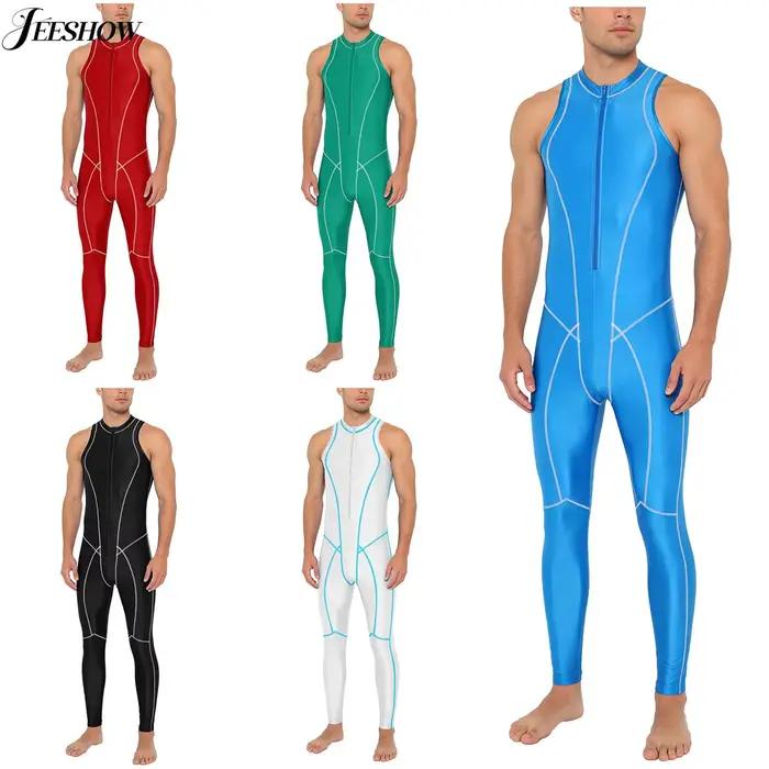 Maillot de bain une pièce brillant pour homme, sans manches, avec fermeture éclair frontale, combinaison de surf, combinaison de bain effet huileux pour le surf