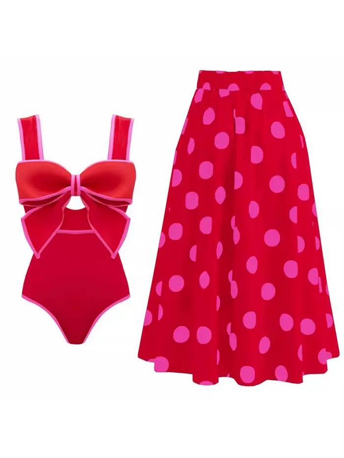 Maillot de bain une pièce en mousseline de soie à pois pour femmes, nœud papillon, jupe de plage, baigneuses, vêtements de plage, nouveau, 2025 occasions plage piscine soirée intérieur sources thermales