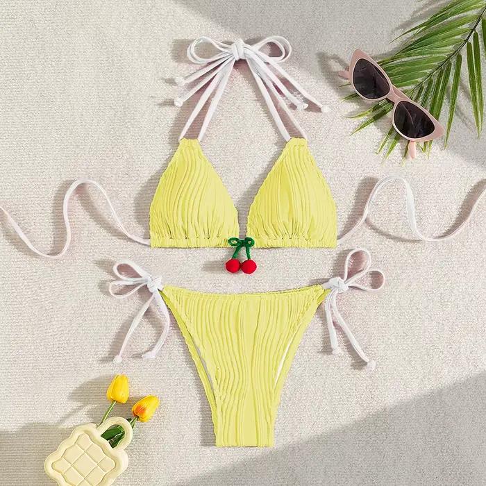 Sexy rouge cerise Bikini ensemble femmes côtelé Push Up Micro maillots de bain plage maillot