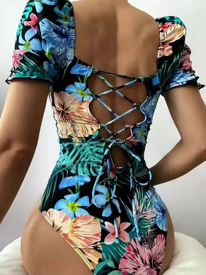 Maillot de bain une pièce imprimé à manches courtes
