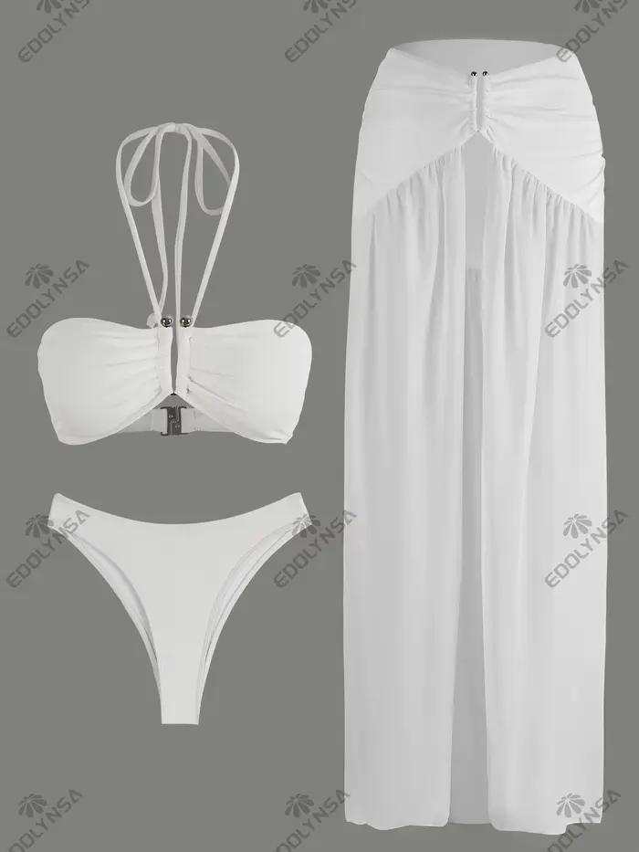 Ensemble Bikini 3 pièces blanc à col licou