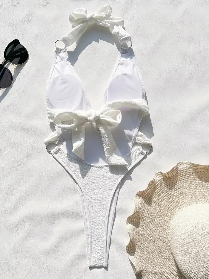 Maillot de bain une pièce pour femme, blanc pur, sexy, col en V, licou, à lacets, dos nu, tanga, bikini, monokini, plage, vacances, 2025