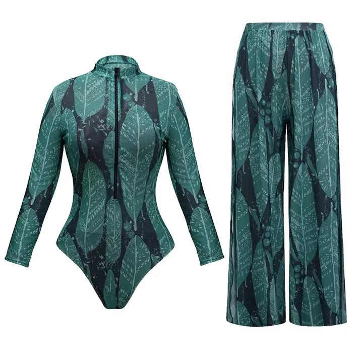 Manches longues crème solaire maillot de bain pantalons longs ensemble femmes noir géométrie imprimé fermeture éclair