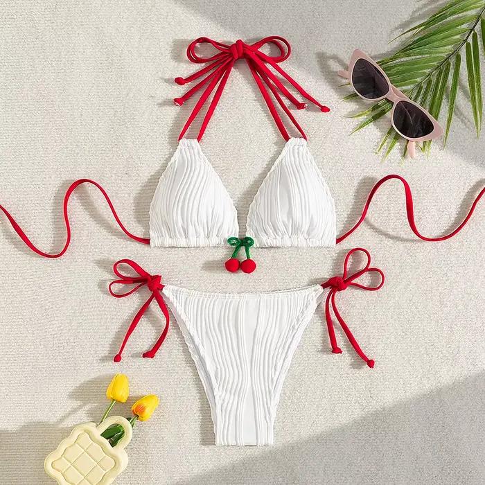 Sexy rouge cerise Bikini ensemble femmes côtelé Push Up Micro maillots de bain plage maillot