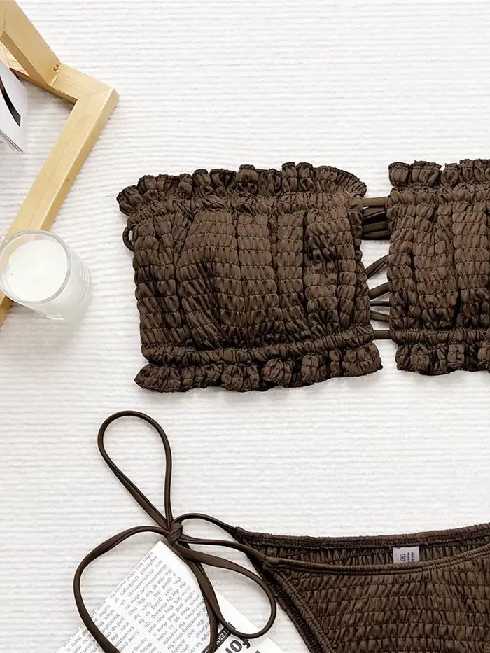 Bikini plissé froncé à coupe haute pour femme