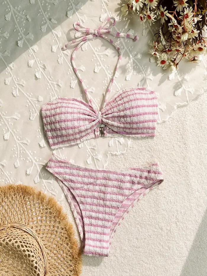 Ensemble bikini sexy rose à rayures 2026 pour femme