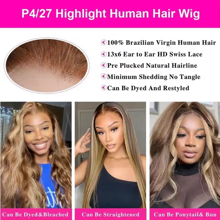 Perruque brésilienne 13x6 Kinky Straight avec mèches 4/27, densité 220%, perruque 13x4 Yaki Straight avec dentelle HD transparente, cheveux humains, 38 pouces