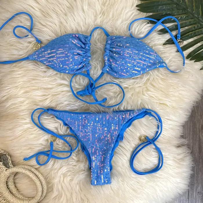 Melphieer Swim 2 pièces femmes été plage vacances froncé Bum paillettes scintillantes plaine licou sangle Bikini ensemble maillot de bain