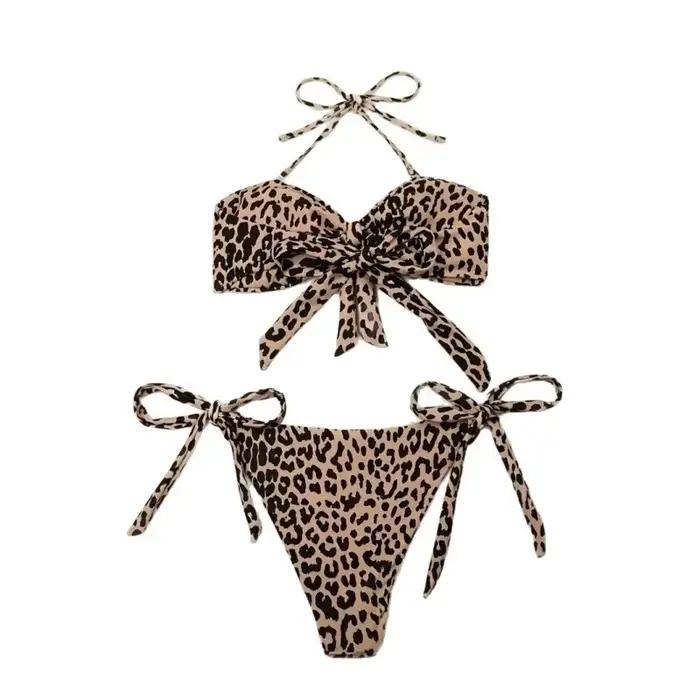 Nouveau Maillot de Bain Bikini Femme 2025 Imprimé Léopard Sexy Confortable Séchage Rapide Col Halter Tissu Polyester