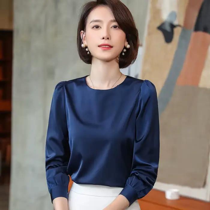 Chemise blanche à manches longues et col rond pour femme, chemisiers en mousseline de soie, bureau, travail à fond, bleu marine, nouvelle mode, printemps, 2022