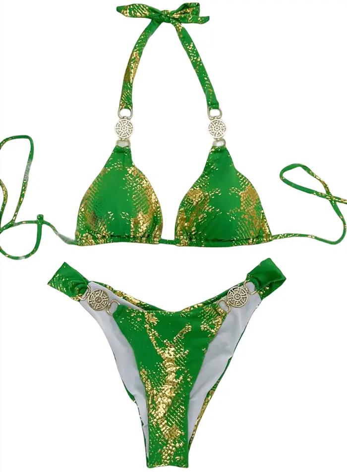 Maillot de bain féminin imprimé peau de serpent col licou diamant strass ensemble bikini taille basse coupe haute polyester occassions plage vacances piscine spa sources chaudes sports nautiques