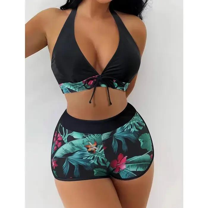 Bikini Femme Helisopus Style Col Suspendu Avec Motifs Fleurs Taille Réglable Occasions Plage Bain Vacances