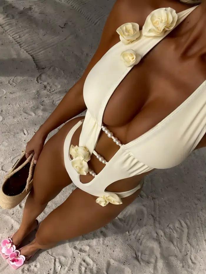 Luxe une pièce maillot de bain fleuri Sexy Bikini femmes Monokini fausse perle maillots