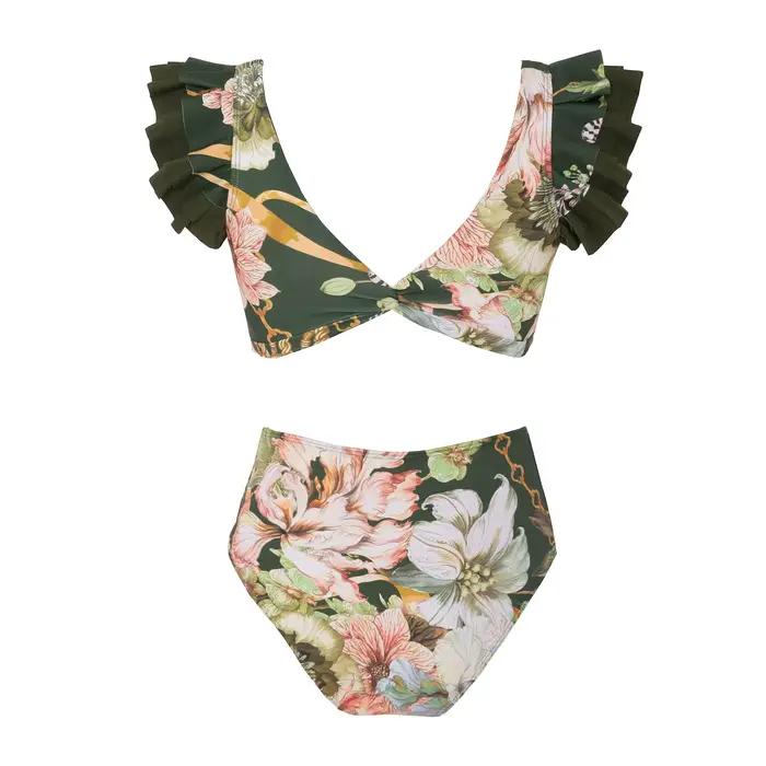 Maillot de bain noir à col en V 2026, maillot de bain à volants pour femme, maillot de bain taille haute imprimé, tenue de plage