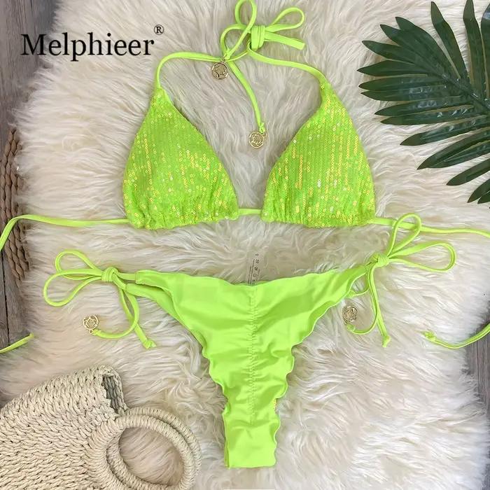 Melphieer Lady's Sparkle 2 pièces Bikini ensemble été Style paillettes Bikinis femmes 2025 plage piscine Club maillot de bain nouvelles tenues de vacances