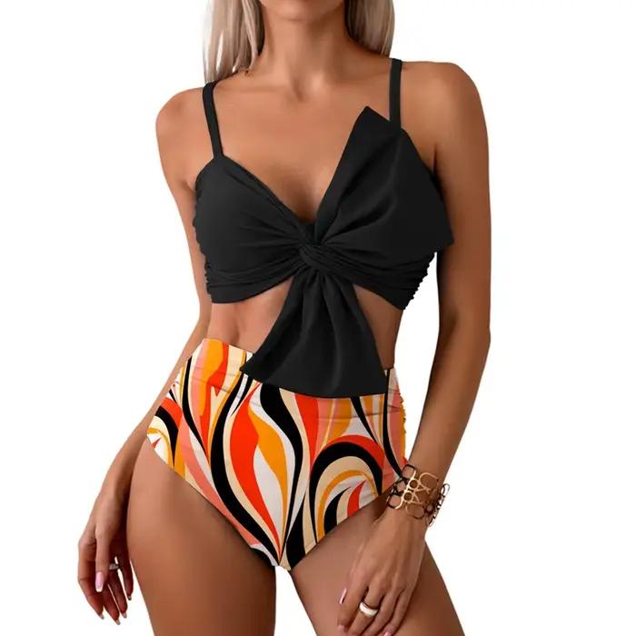 Bikini à nœud imprimé pour femmes, maillot de bain taille haute, rembourré, plage, vacances, fêtes à la piscine, spa, sports nautiques, croisière
