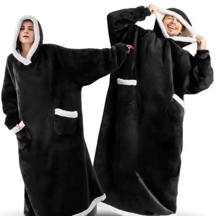180cm Super longue flanelle couverture pyjamas avec manches hiver sweat à capuche femmes hommes pull polaire géant surdimensionné extérieur